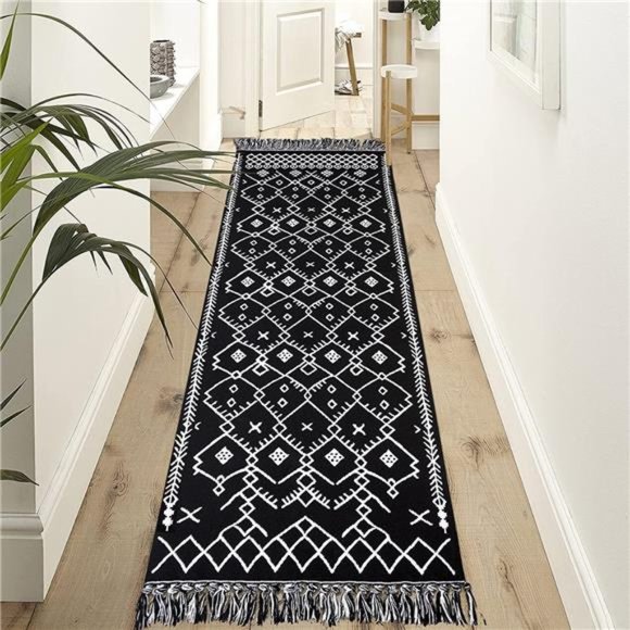 Upgraded Boho Runner Rug 2'x8', Hallway Runner Black White, 100% Woven Cotton - Picture 5 of 6